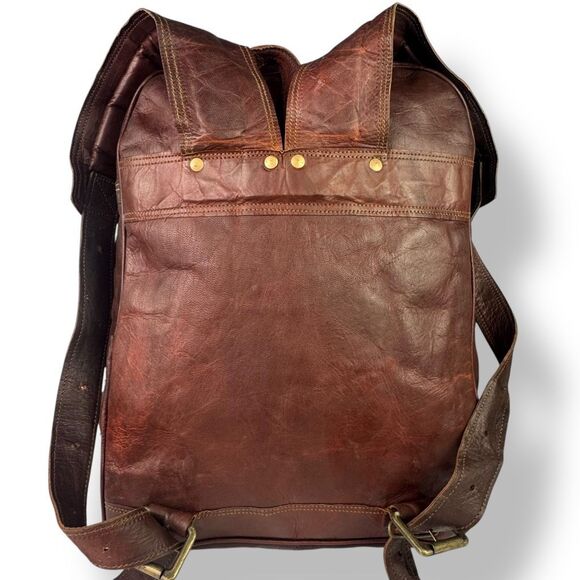 Vintage Distressed Handmade Rugged Rustic Brown Buffalo Leather Backpack Bag - Picture 6 of 11